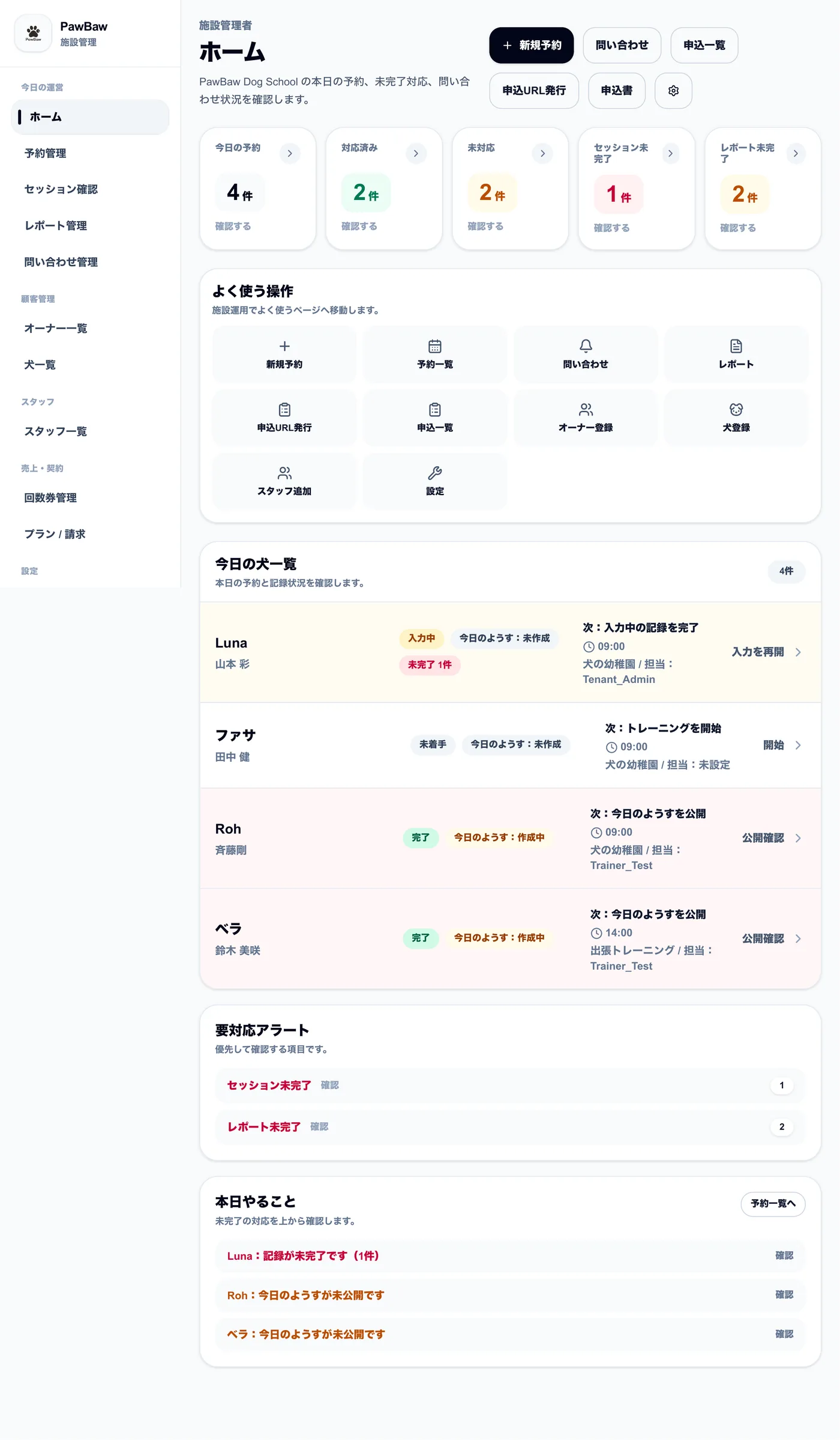 施設管理者の今日の運営画面